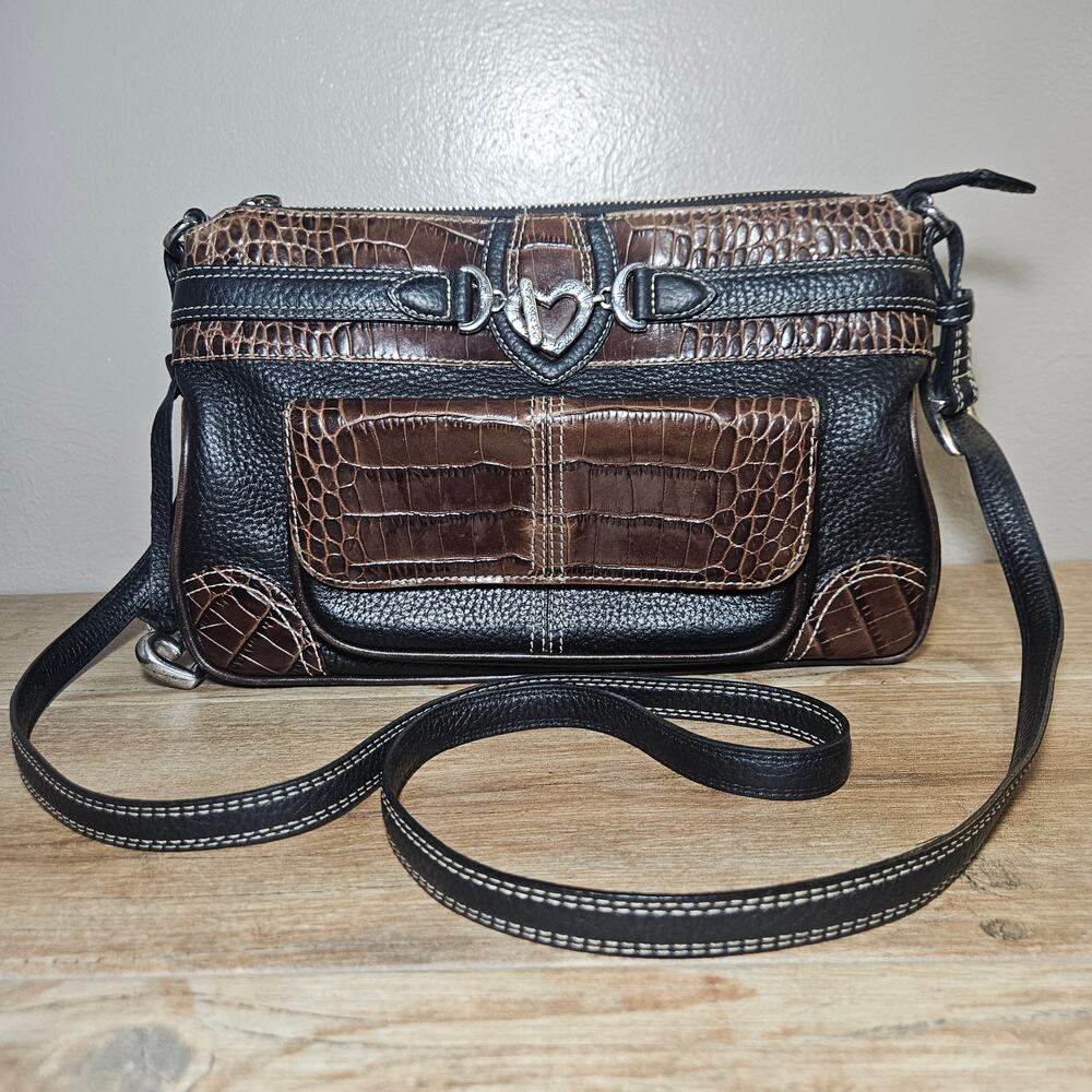 Brighton Organizer Crossbody Bag Black Brown Croc Embossed Leather Heart E430852
